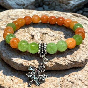 Green Peridot & Orange Chalcedony Gemstone Charm Bracelet - 8mm Crystal Jewelry